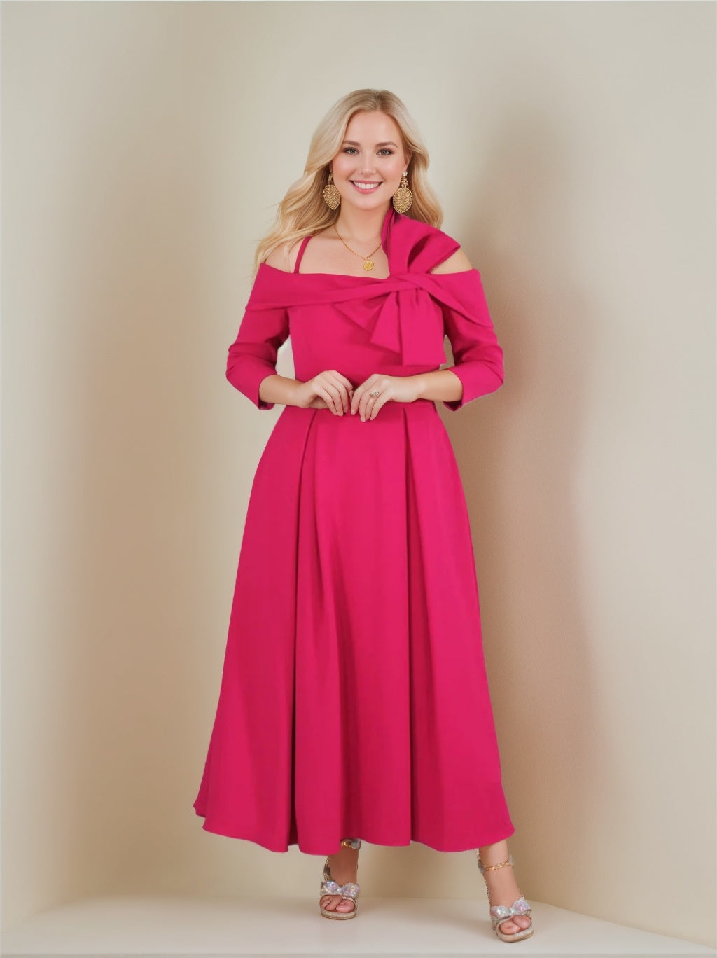 A-Line/Princess 3/4 Length Sleeves Off-The-Shoulder Ankle-Length Mother Of The Bride Dresses With Bow(S) BabaMila