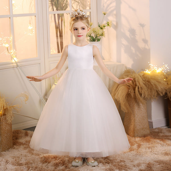 First Communion Dress Scoop Neck Sleeveless Ivory Satin/Tulle Floor-Length Flower Girl Dresses Gidiondress