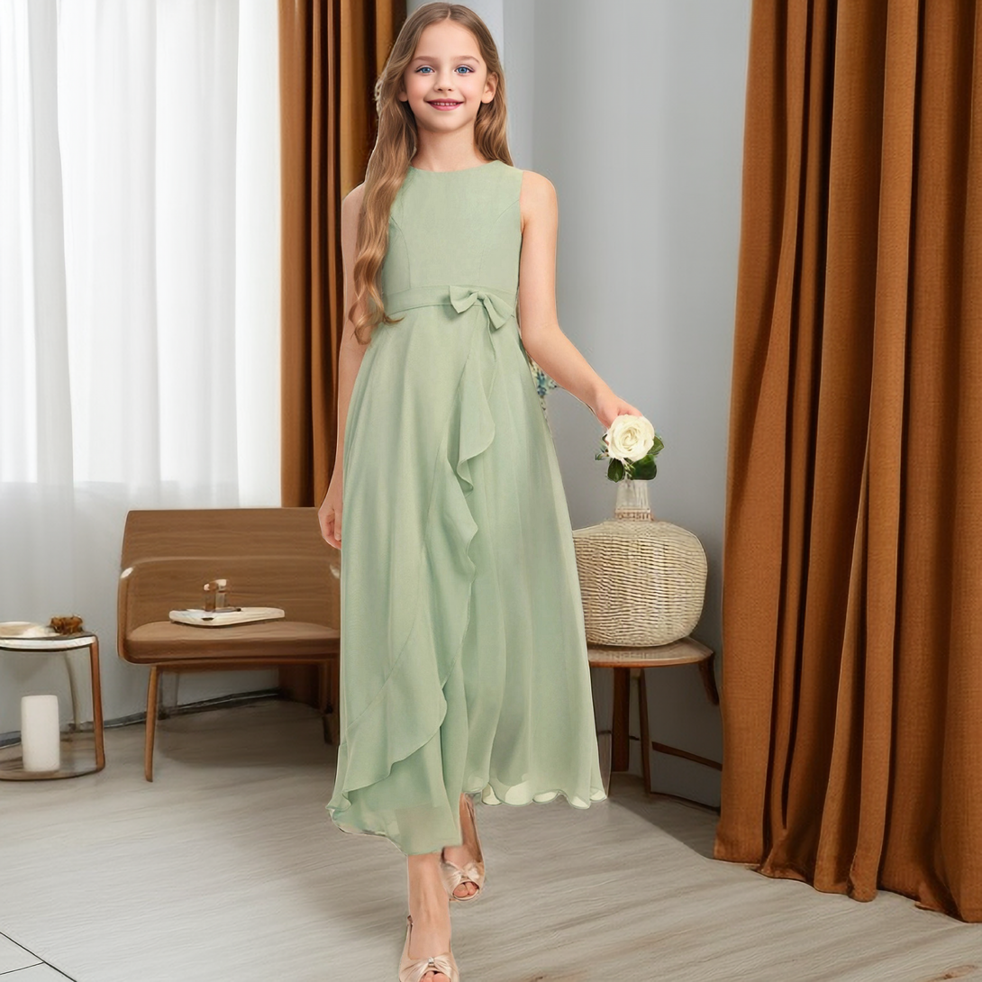 Boat Neck Sleeveless Floor-Length Asymmetrical Chiffon Junior Bridesmaid Dress/Girls Birthday Dresses With Belt Girls Gidiondress