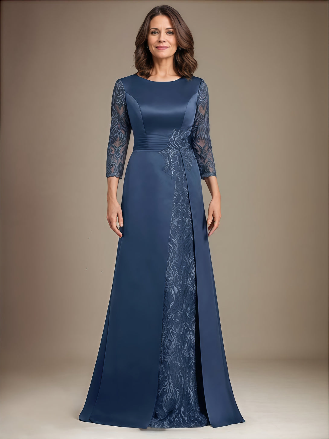 Scoop Neck 3/4 Sleeve A-Line Floor-Length Lace/Satin Mother of the Bride Dress With Appliques/Pleated BabaMila