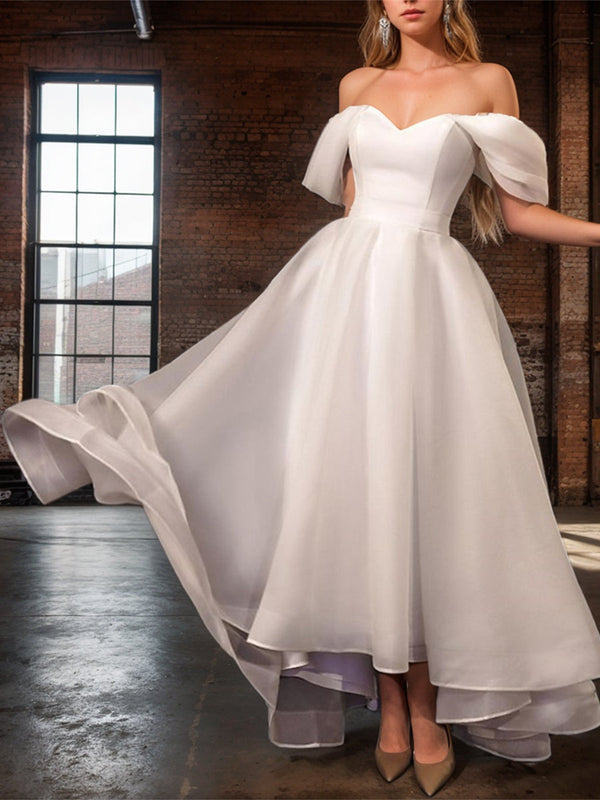 A-Line/Princess Off-the-Shoulder Sleeveless Asymmetrical Wedding Dress BabaMila