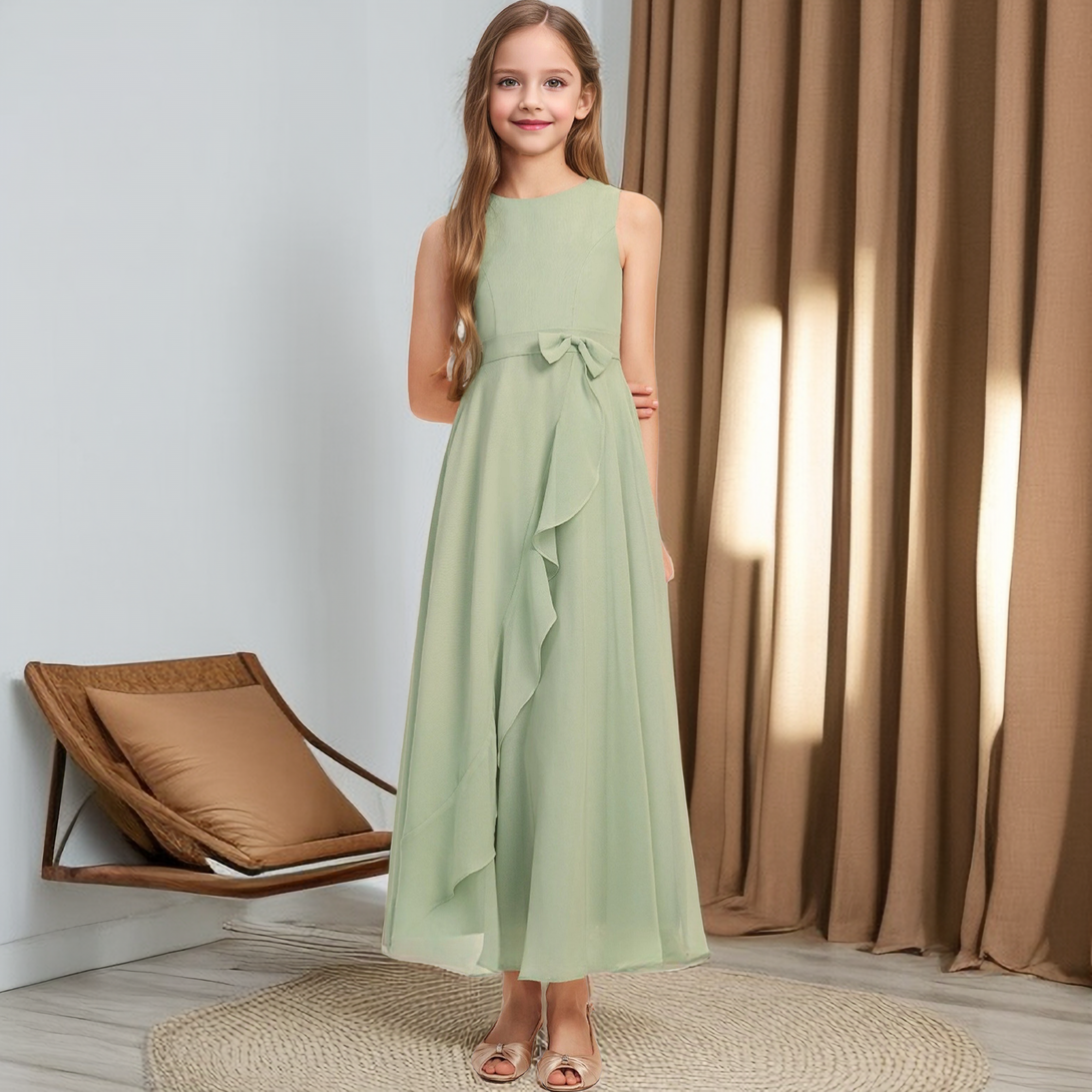 Boat Neck Sleeveless Floor-Length Asymmetrical Chiffon Junior Bridesmaid Dress/Girls Birthday Dresses With Belt Girls Gidiondress