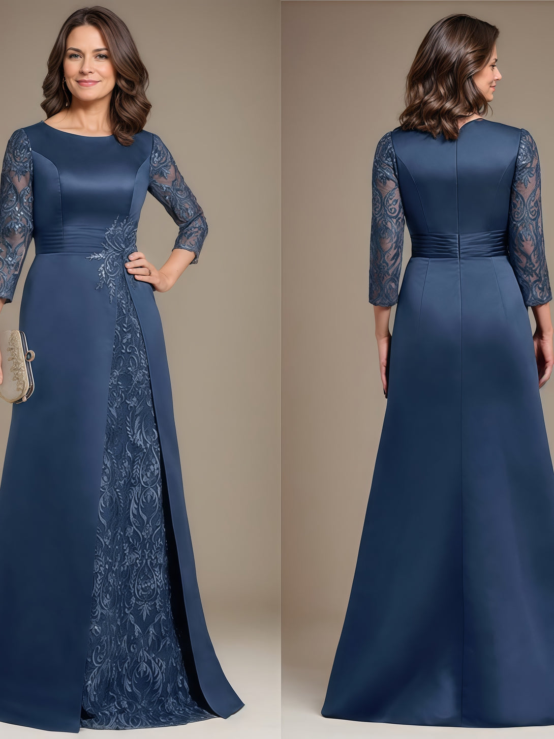 Scoop Neck 3/4 Sleeve A-Line Floor-Length Lace/Satin Mother of the Bride Dress With Appliques/Pleated BabaMila