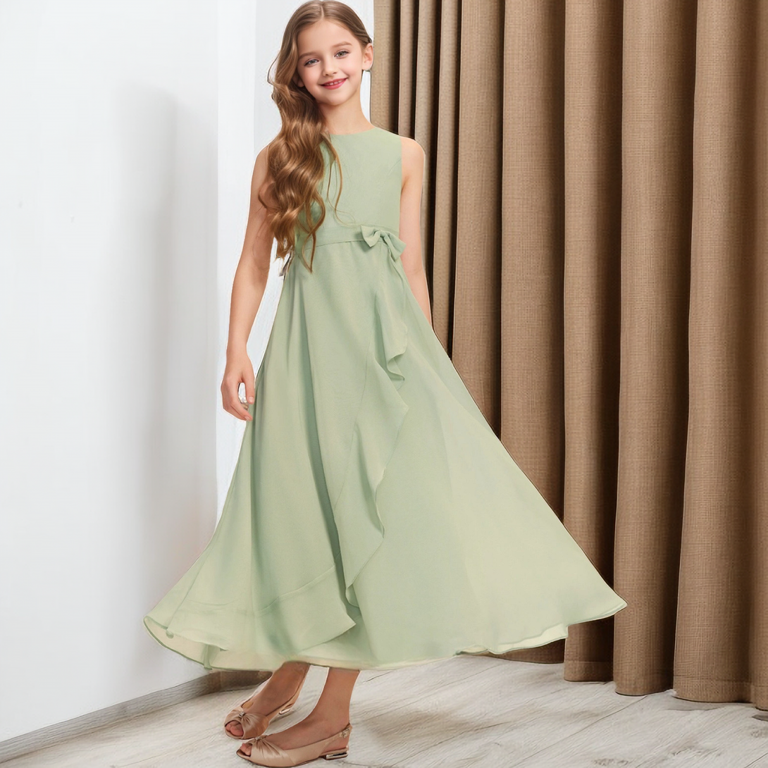Boat Neck Sleeveless Floor-Length Asymmetrical Chiffon Junior Bridesmaid Dress/Girls Birthday Dresses With Belt Girls Gidiondress as picture 12M
