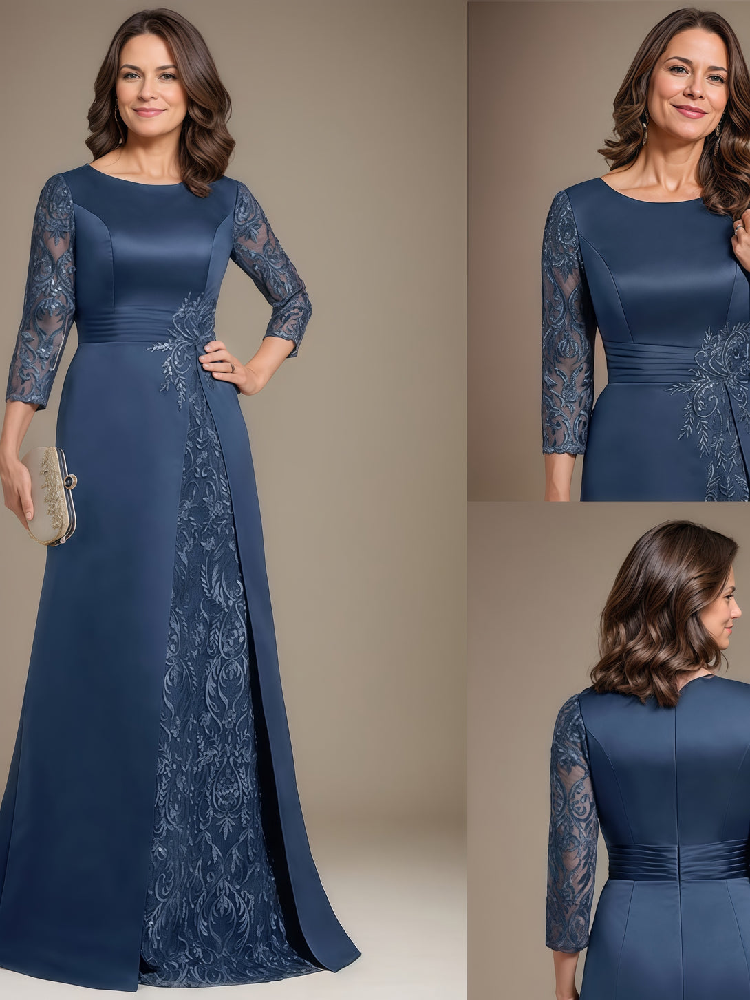 Scoop Neck 3/4 Sleeve A-Line Floor-Length Lace/Satin Mother of the Bride Dress With Appliques/Pleated BabaMila