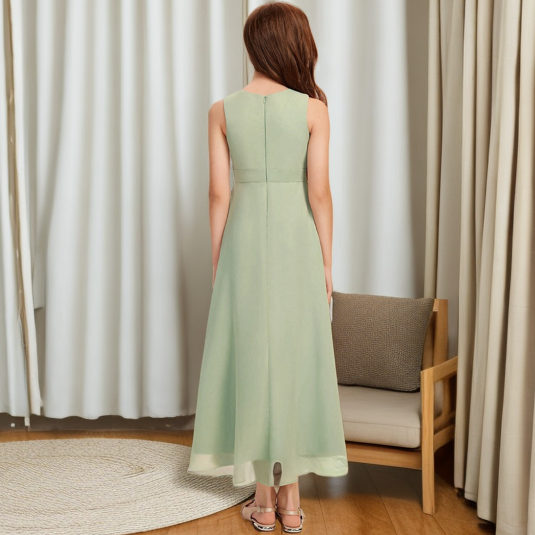 Boat Neck Sleeveless Floor-Length Asymmetrical Chiffon Junior Bridesmaid Dress/Girls Birthday Dresses With Belt Girls Gidiondress