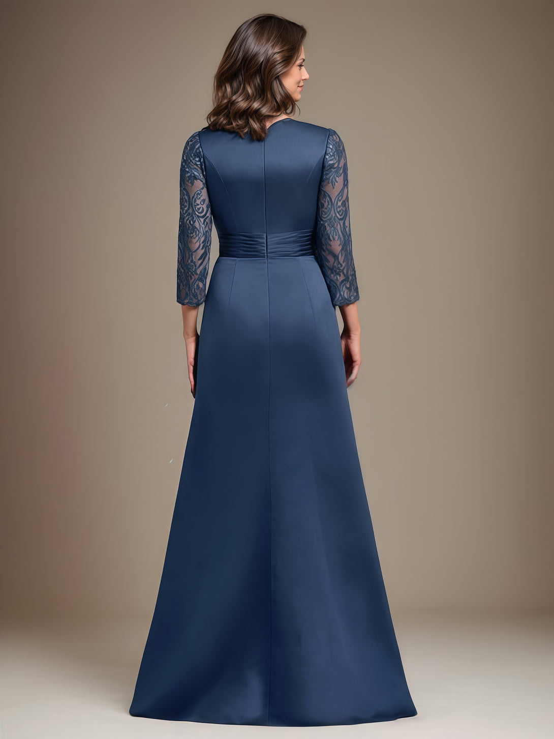 Scoop Neck 3/4 Sleeve A-Line Floor-Length Lace/Satin Mother of the Bride Dress With Appliques/Pleated BabaMila