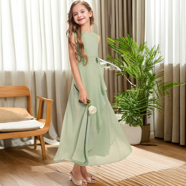 Boat Neck Sleeveless Floor-Length Asymmetrical Chiffon Junior Bridesmaid Dress/Girls Birthday Dresses With Belt Girls Gidiondress