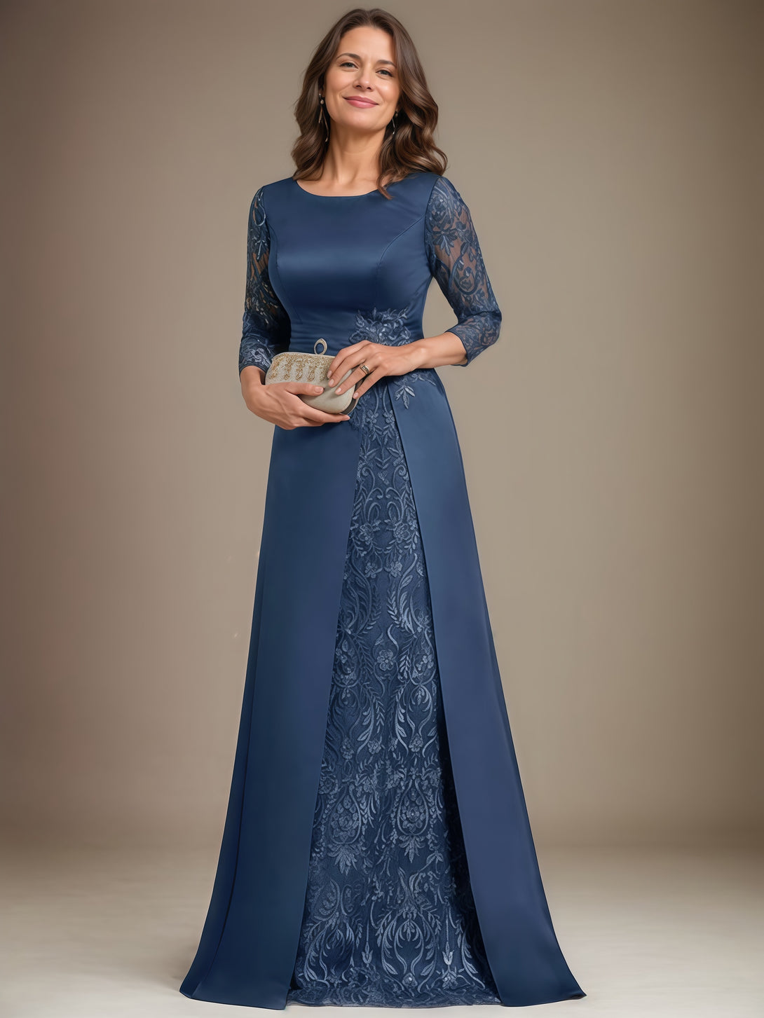 Scoop Neck 3/4 Sleeve A-Line Floor-Length Lace/Satin Mother of the Bride Dress With Appliques/Pleated BabaMila