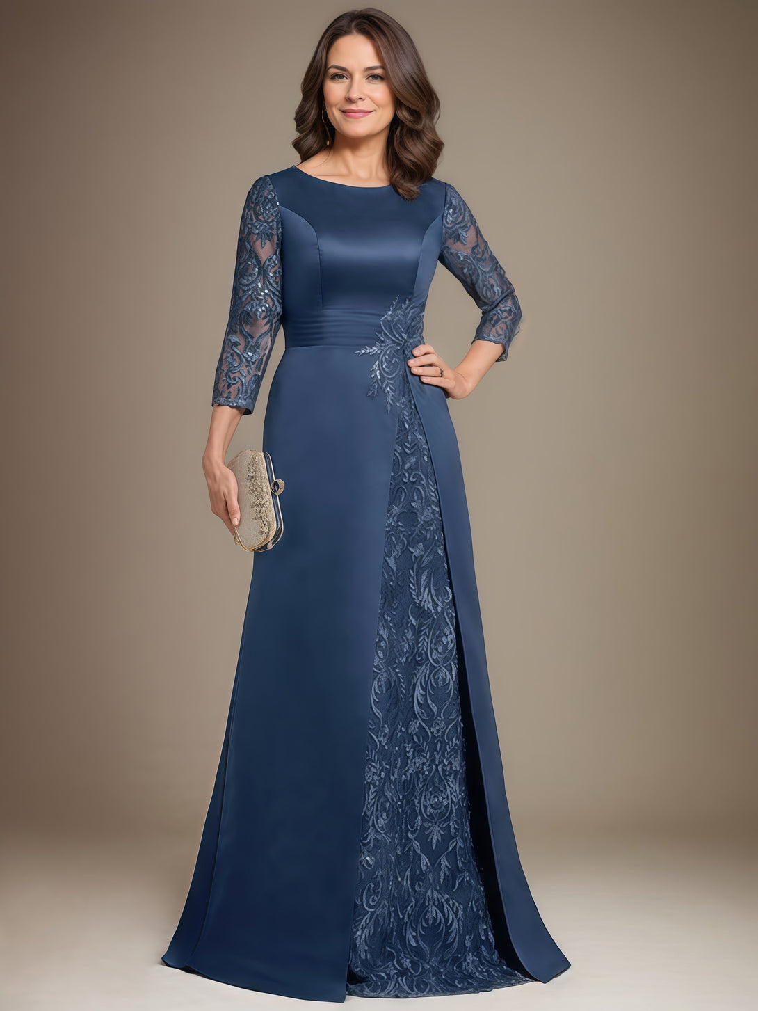 Scoop Neck 3/4 Sleeve A-Line Floor-Length Lace/Satin Mother of the Bride Dress With Appliques/Pleated BabaMila