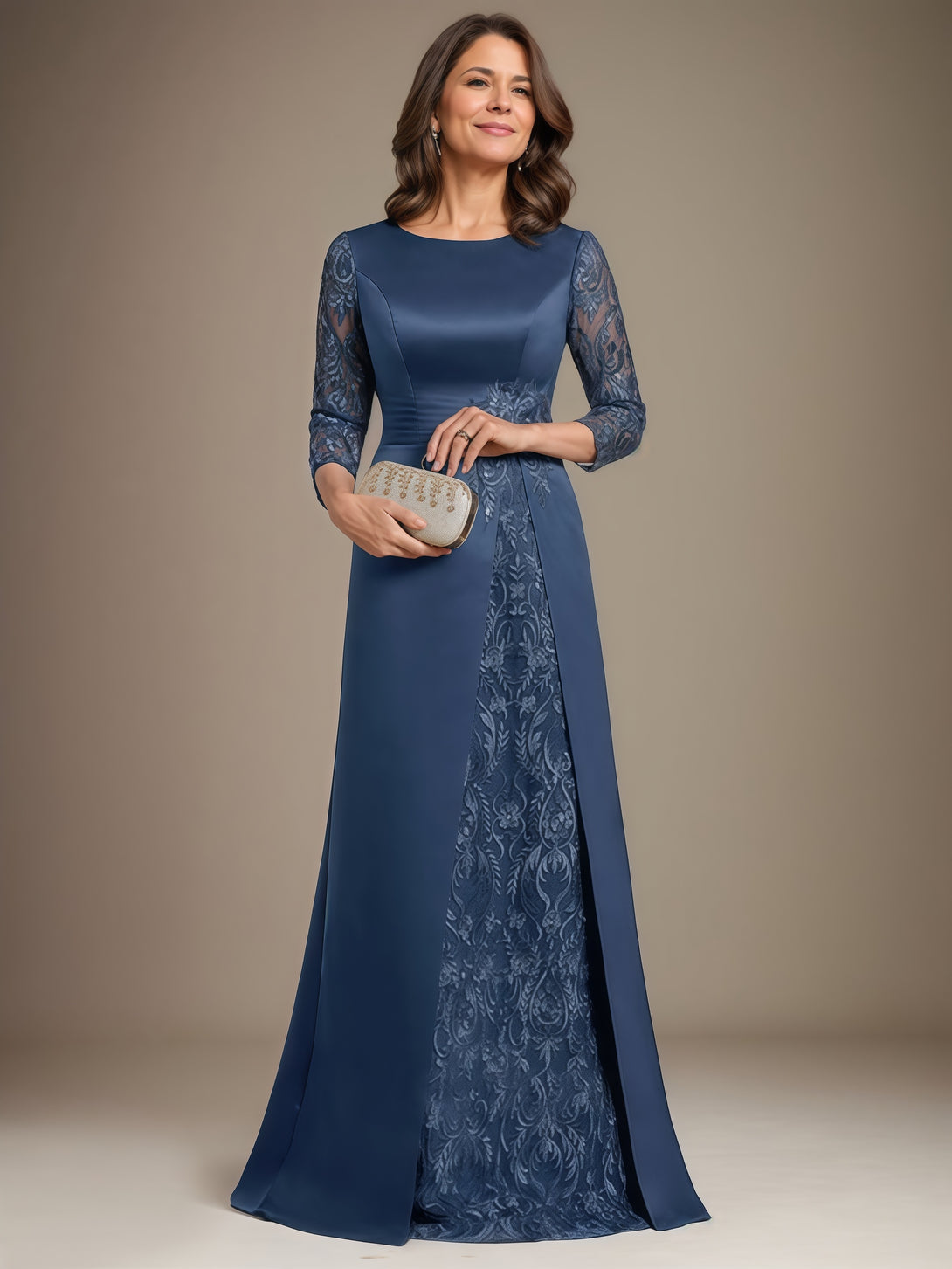 Scoop Neck 3/4 Sleeve A-Line Floor-Length Lace/Satin Mother of the Bride Dress With Appliques/Pleated BabaMila