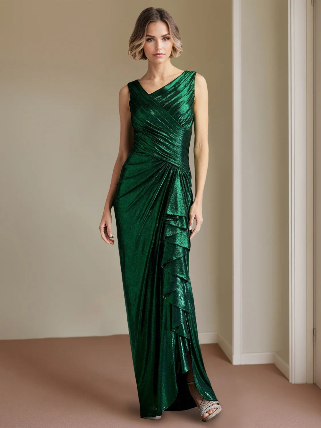 Sheath/Column Asymmetric Neck Sleeveless Evening Dresses Floor-Length Prom Party Dress with Split Side Ruffles BabaMila