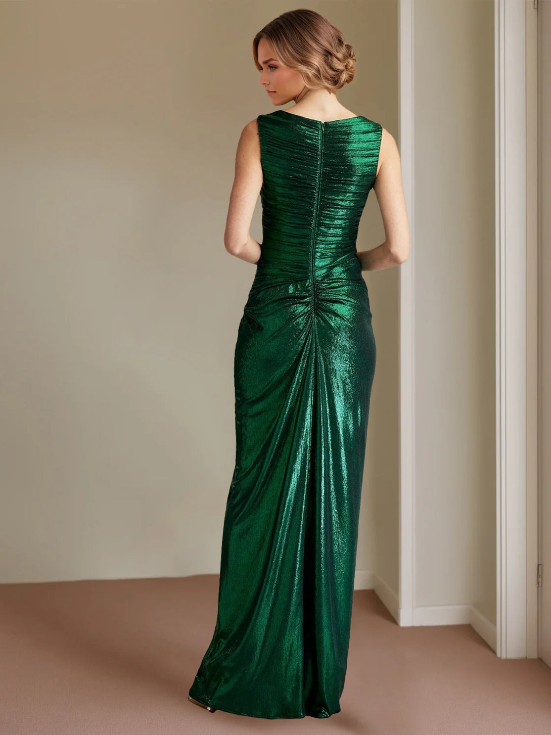 Sheath/Column Asymmetric Neck Sleeveless Evening Dresses Floor-Length Prom Party Dress with Split Side Ruffles BabaMila
