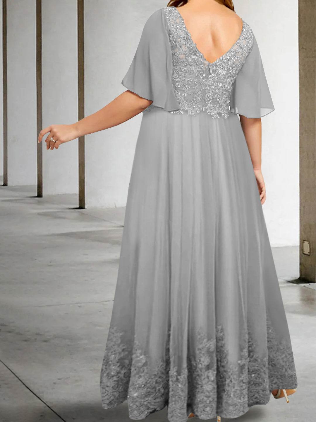 A-Line/Princess V-Neck Half Sleeves Floor-Length Plus Size Mother Of The Bride Dresses With Appliques BabaMila