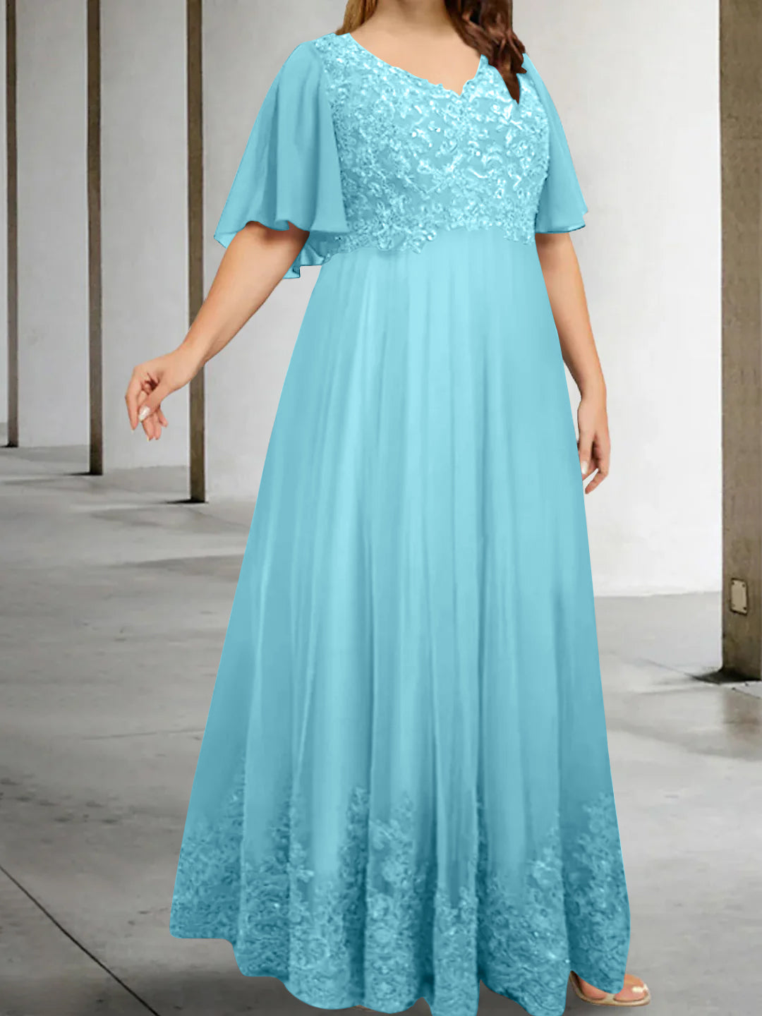 A-Line/Princess V-Neck Half Sleeves Floor-Length Plus Size Mother Of The Bride Dresses With Appliques BabaMila