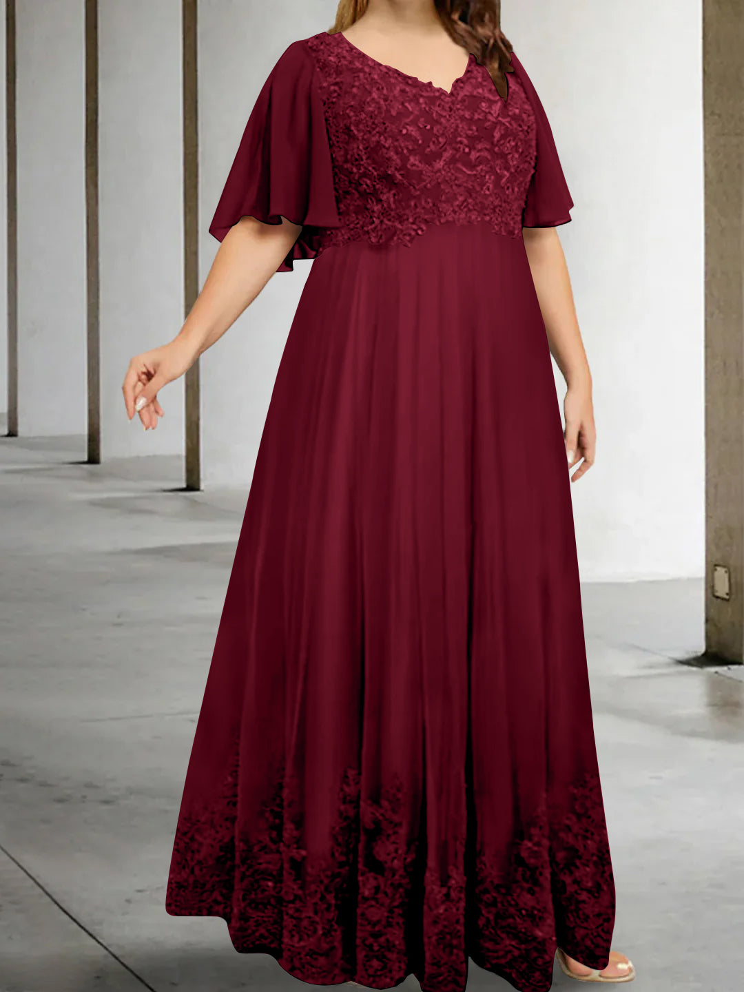 A-Line/Princess V-Neck Half Sleeves Floor-Length Plus Size Mother Of The Bride Dresses With Appliques BabaMila