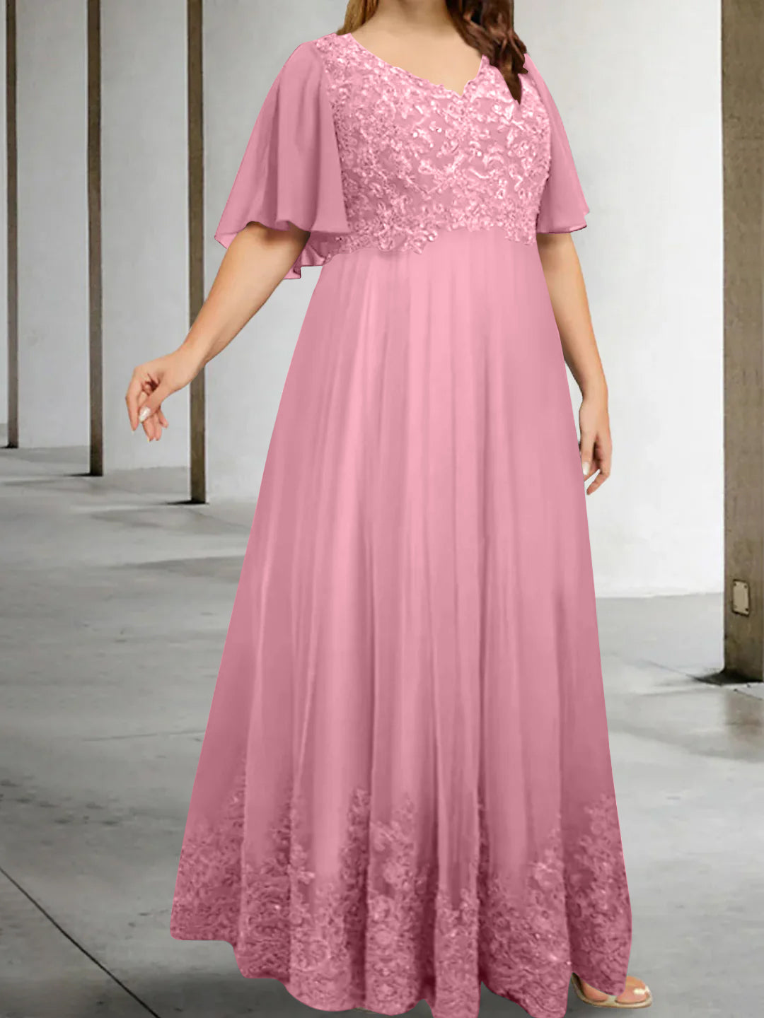 A-Line/Princess V-Neck Half Sleeves Floor-Length Plus Size Mother Of The Bride Dresses With Appliques BabaMila