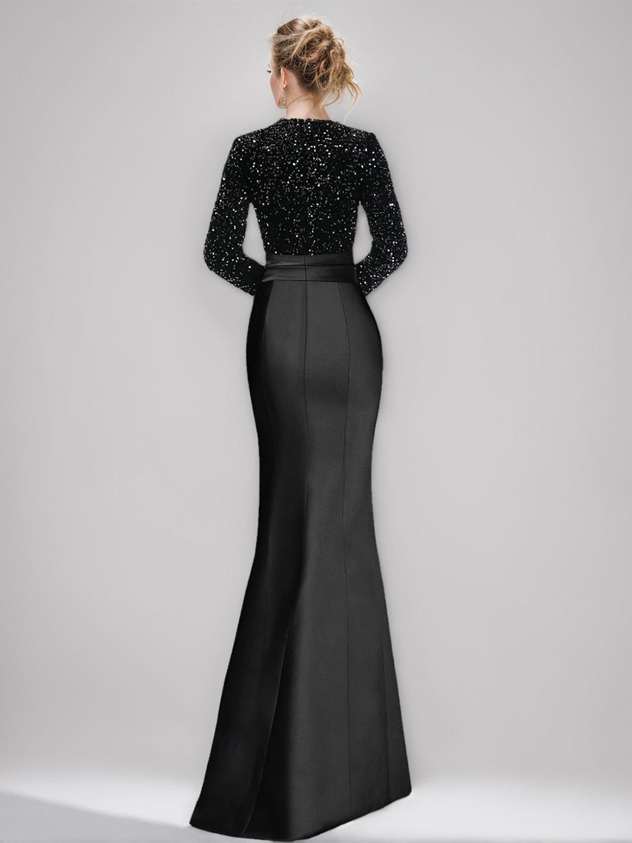 Sheath/Column V-Neck Long Sleeves Asymmetrical Elegant Evening Dresses With Sequins & Ruffles BabaMila