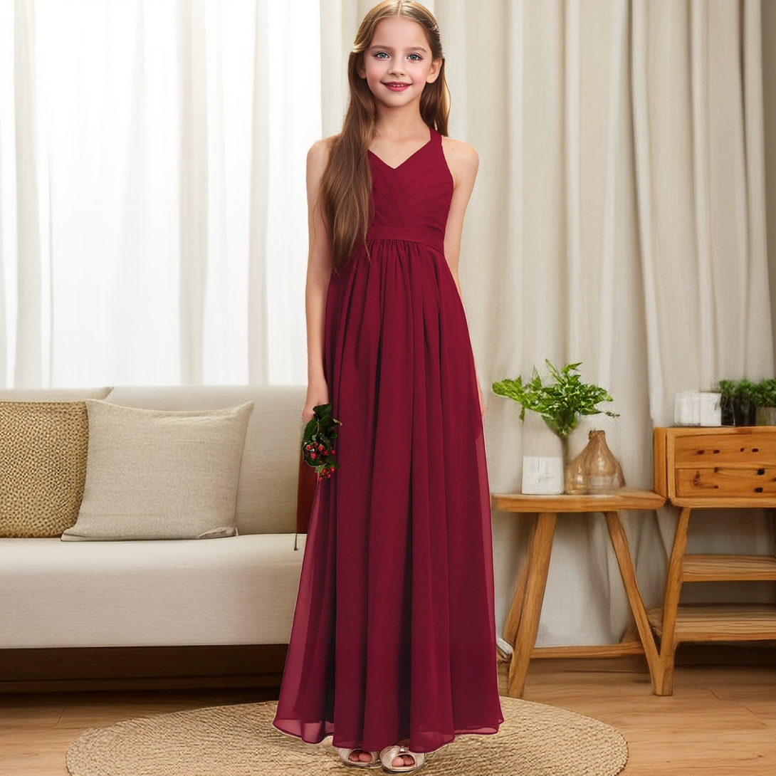 Floor-Length Chiffon Junior Bridesmaid Dress/Girls Birthday Dresses With Pleated/Belt Girls Gidiondress