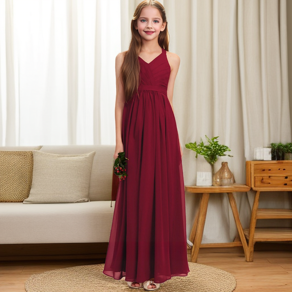 Floor-Length Chiffon Junior Bridesmaid Dress/Girls Birthday Dresses With Pleated/Belt Girls Gidiondress