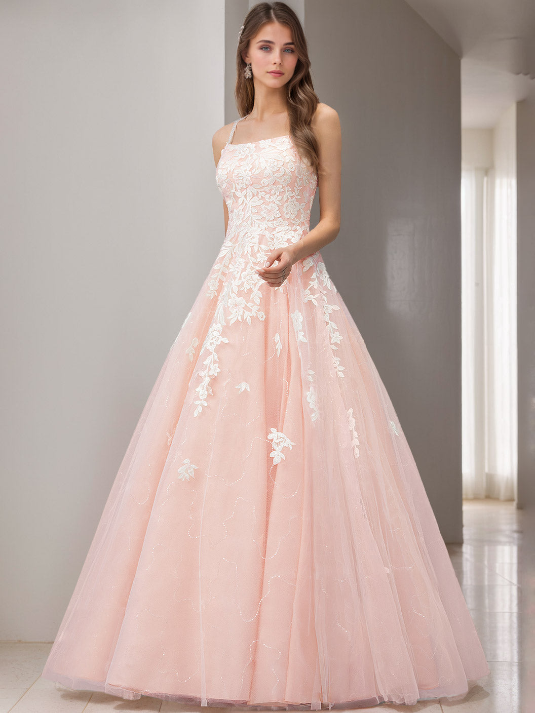 A-Line/Princess Spaghetti Straps Sleeveless Floor-Length Wedding Dress with Appliques & Lace BabaMila