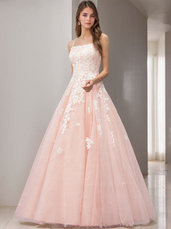 A-Line/Princess Spaghetti Straps Sleeveless Floor-Length Wedding Dress with Appliques & Lace BabaMila