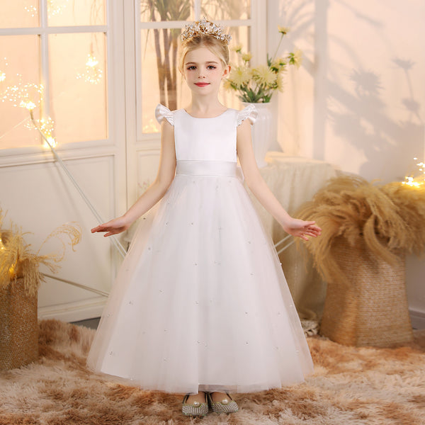 First Communion Dress Scoop Neck Flutter Straps Ivory Satin/Tulle Floor-Length Flower Girl Dresses With Beads/Belt Gidiondress