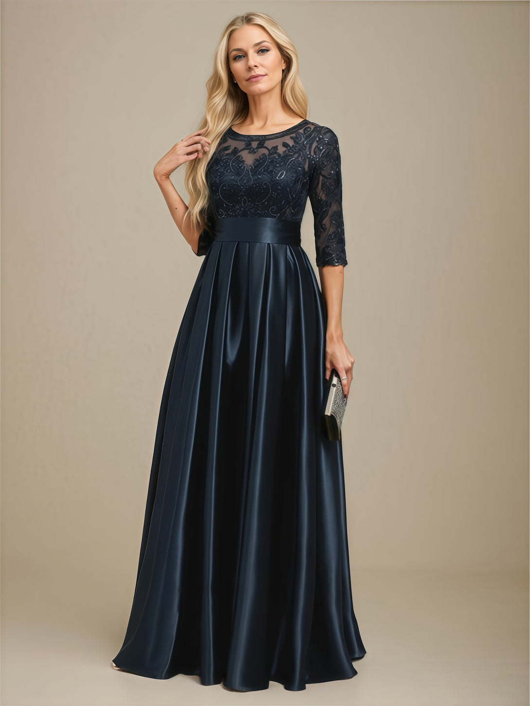 Scoop Neck 3/4 Sleeve A-Line Floor-Length Lace/Satin Mother of the Bride Dress With Appliques/Pleated/Belt/Sequins BabaMila