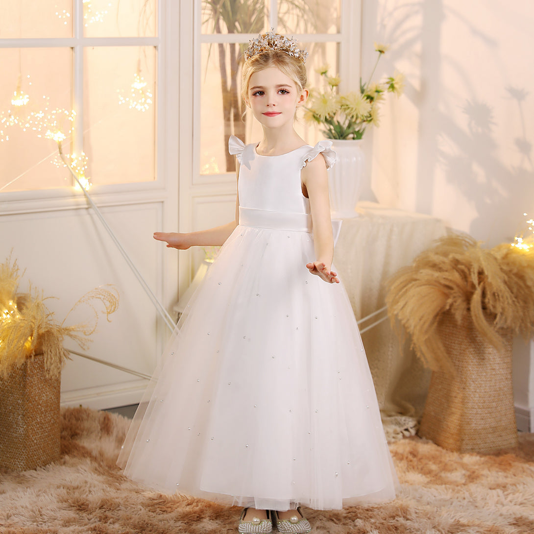 First Communion Dress Scoop Neck Flutter Straps Ivory Satin/Tulle Floor-Length Flower Girl Dresses With Beads/Belt Gidiondress