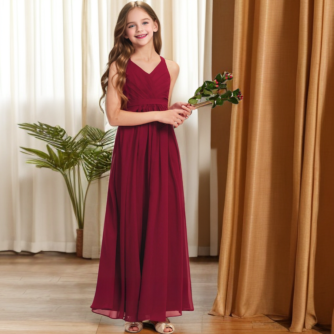 Floor-Length Chiffon Junior Bridesmaid Dress/Girls Birthday Dresses With Pleated/Belt Girls Gidiondress as picture 12M