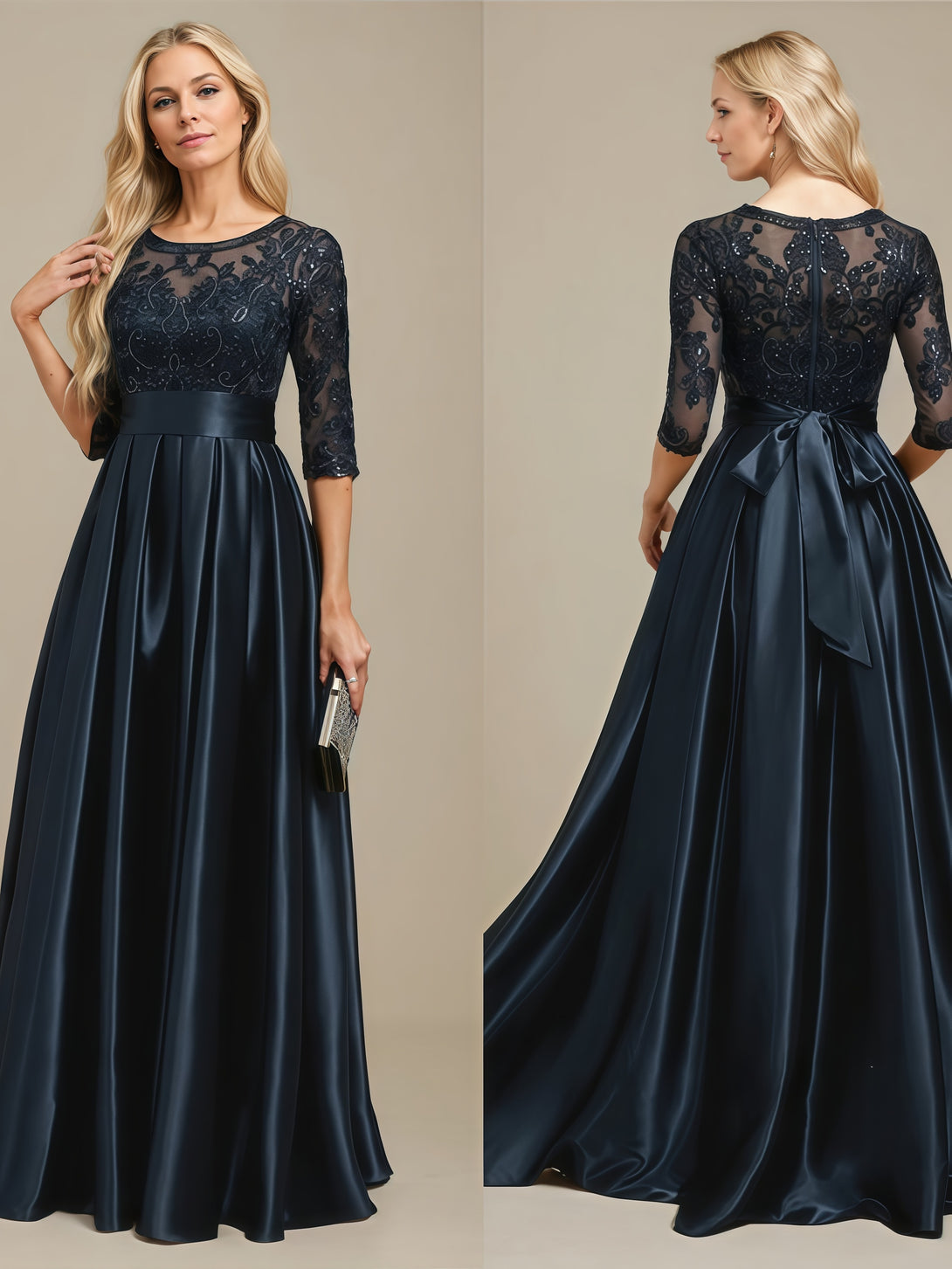 Scoop Neck 3/4 Sleeve A-Line Floor-Length Lace/Satin Mother of the Bride Dress With Appliques/Pleated/Belt/Sequins BabaMila