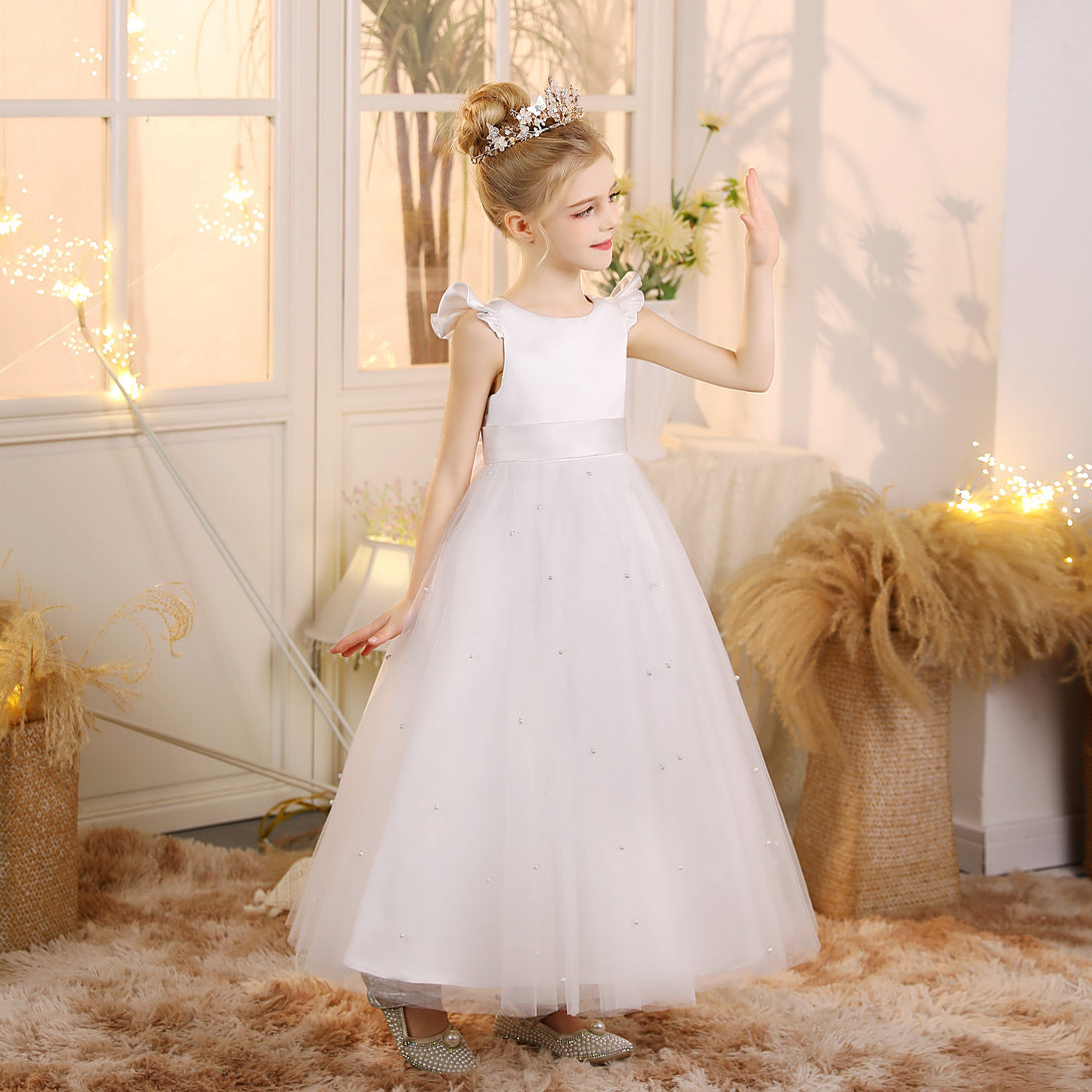 First Communion Dress Scoop Neck Flutter Straps Ivory Satin/Tulle Floor-Length Flower Girl Dresses With Beads/Belt Gidiondress