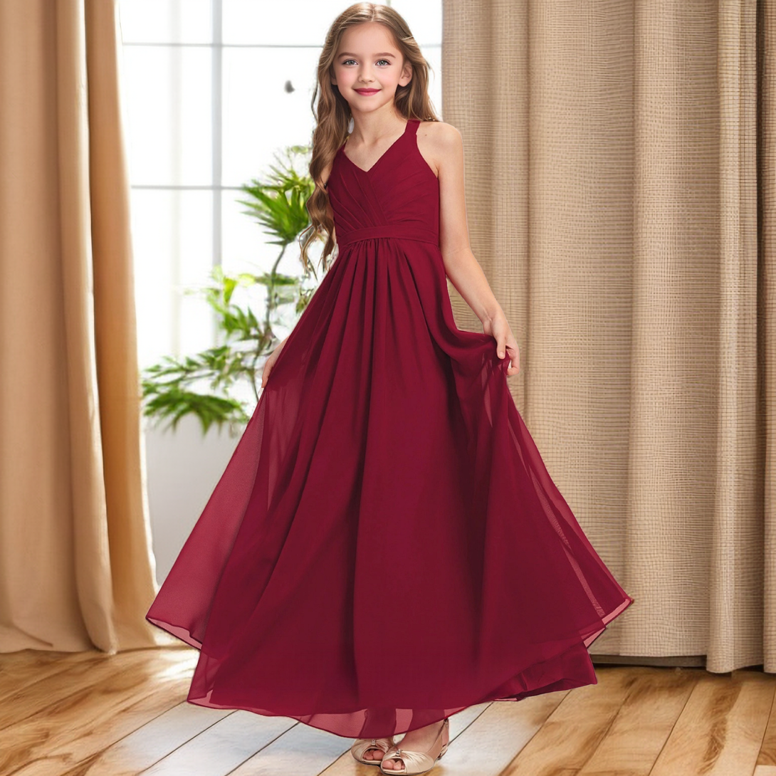 Floor-Length Chiffon Junior Bridesmaid Dress/Girls Birthday Dresses With Pleated/Belt Girls Gidiondress