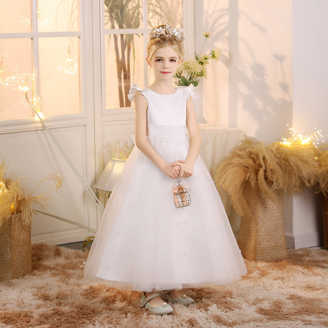 First Communion Dress Scoop Neck Flutter Straps Ivory Satin/Tulle Floor-Length Flower Girl Dresses With Beads/Belt Gidiondress
