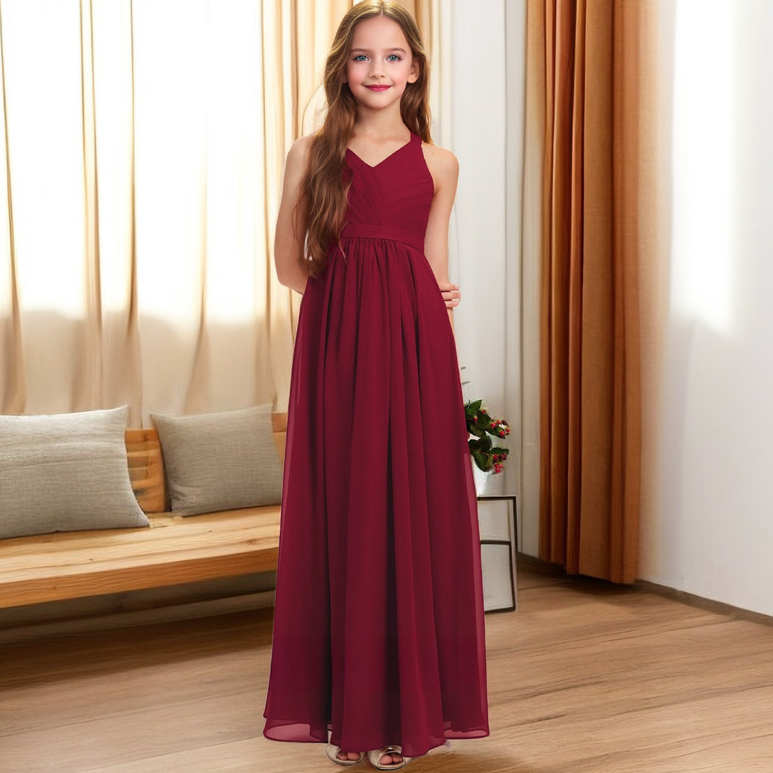 Floor-Length Chiffon Junior Bridesmaid Dress/Girls Birthday Dresses With Pleated/Belt Girls Gidiondress