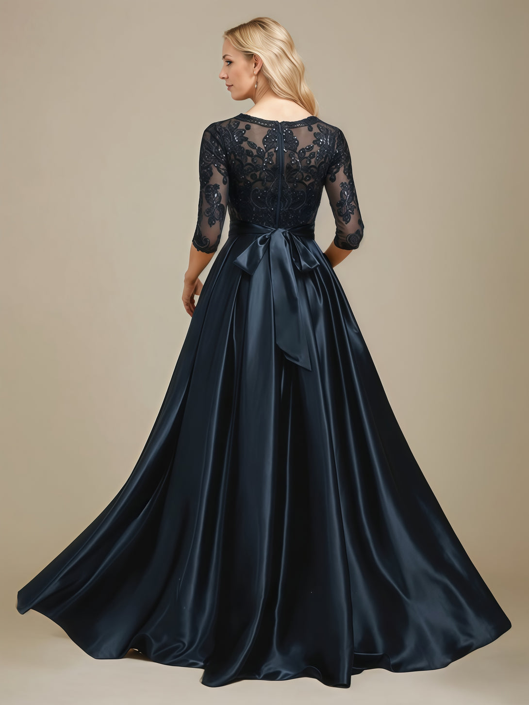 Scoop Neck 3/4 Sleeve A-Line Floor-Length Lace/Satin Mother of the Bride Dress With Appliques/Pleated/Belt/Sequins BabaMila