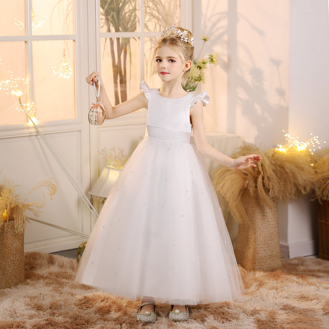 First Communion Dress Scoop Neck Flutter Straps Ivory Satin/Tulle Floor-Length Flower Girl Dresses With Beads/Belt Gidiondress