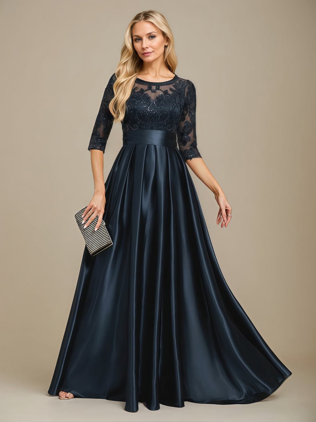 Scoop Neck 3/4 Sleeve A-Line Floor-Length Lace/Satin Mother of the Bride Dress With Appliques/Pleated/Belt/Sequins BabaMila