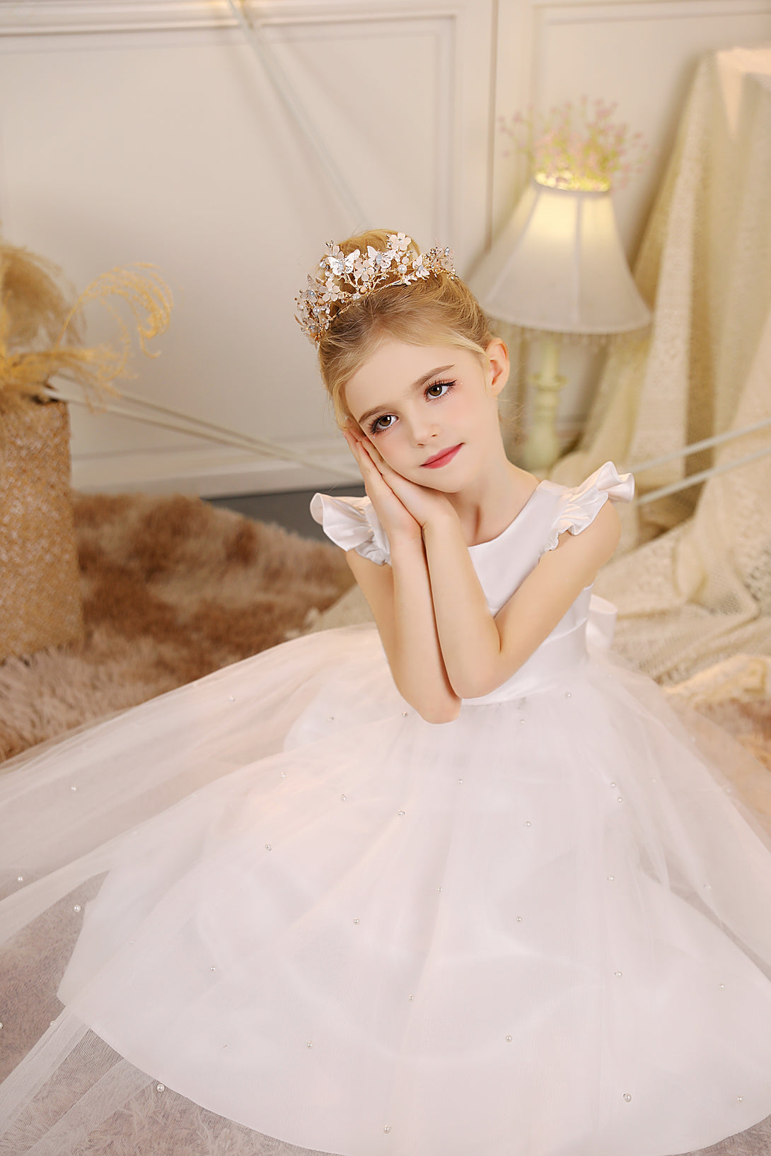 First Communion Dress Scoop Neck Flutter Straps Ivory Satin/Tulle Floor-Length Flower Girl Dresses With Beads/Belt Gidiondress Ivory 12M