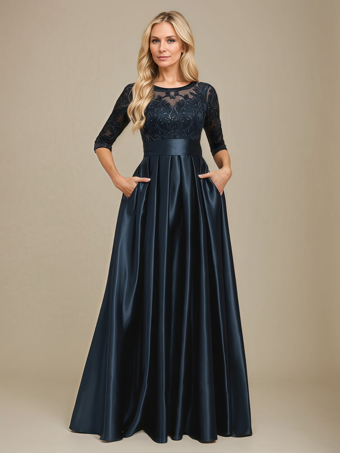 Scoop Neck 3/4 Sleeve A-Line Floor-Length Lace/Satin Mother of the Bride Dress With Appliques/Pleated/Belt/Sequins BabaMila