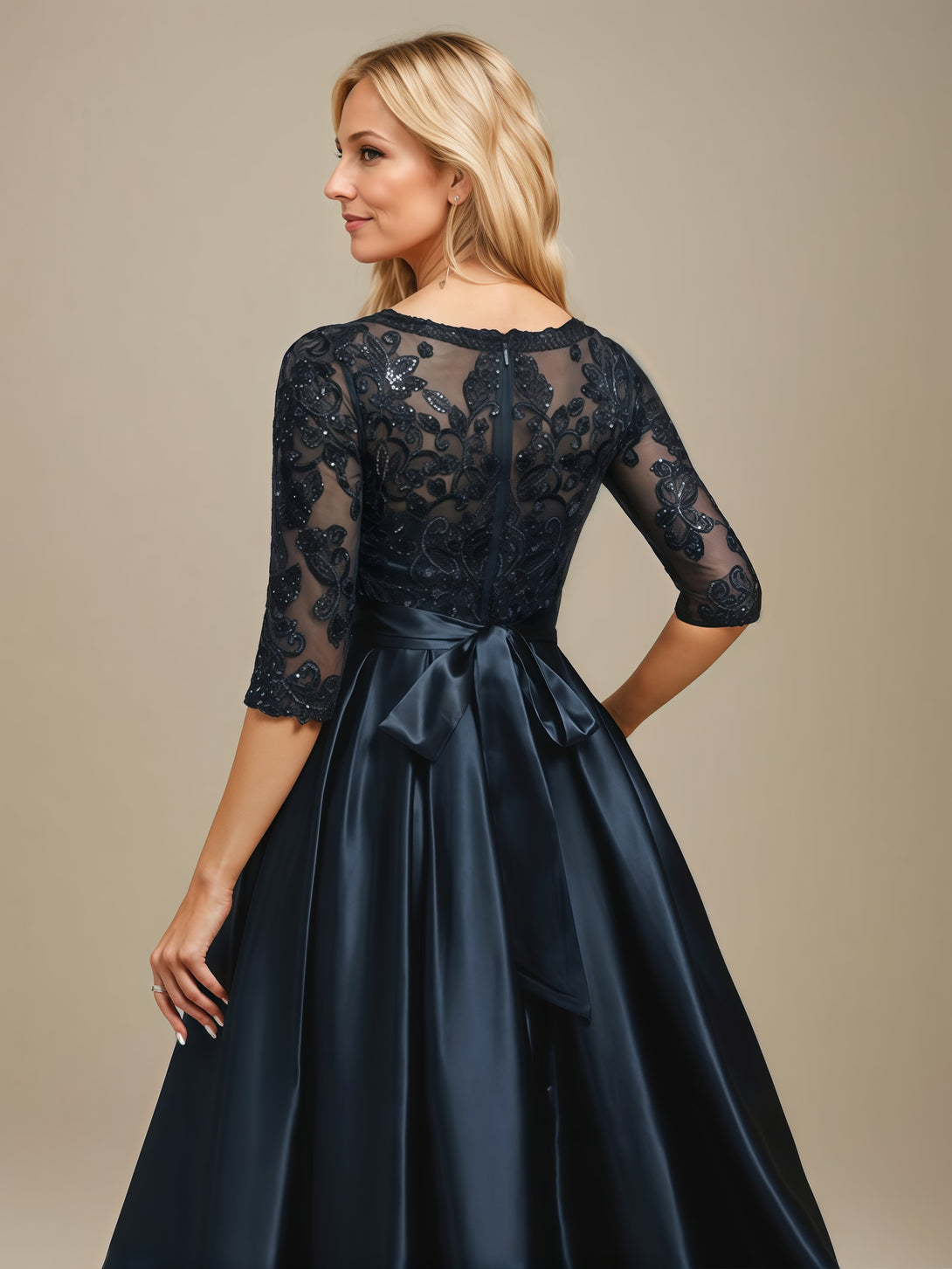 Scoop Neck 3/4 Sleeve A-Line Floor-Length Lace/Satin Mother of the Bride Dress With Appliques/Pleated/Belt/Sequins BabaMila
