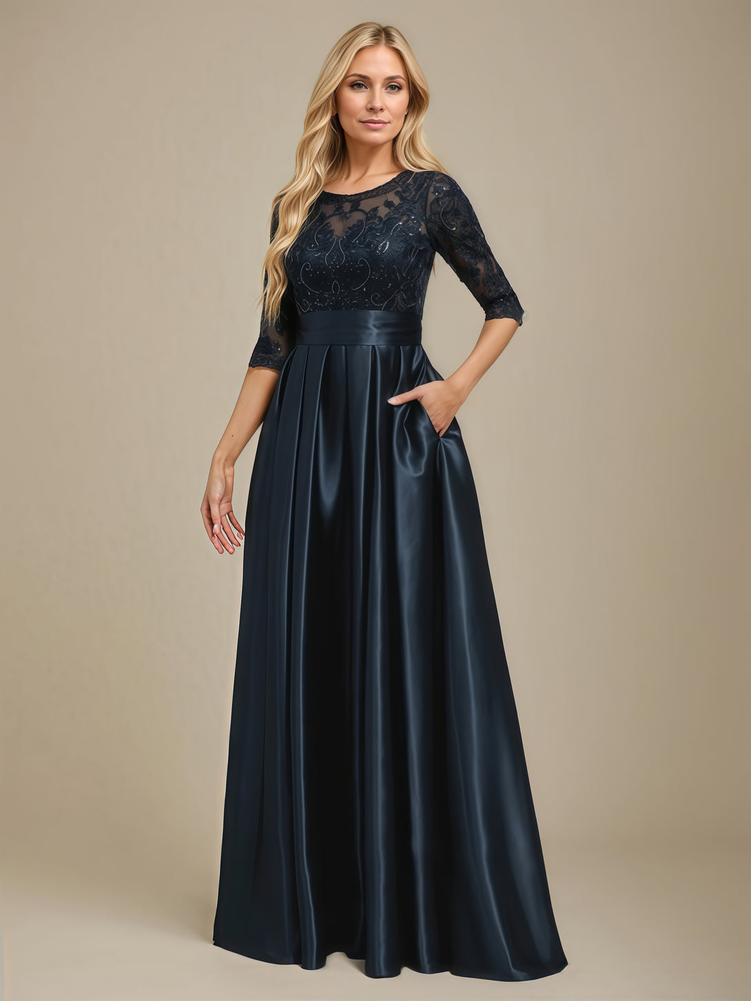 Scoop Neck 3/4 Sleeve A-Line Floor-Length Lace/Satin Mother of the Bride Dress With Appliques/Pleated/Belt/Sequins BabaMila
