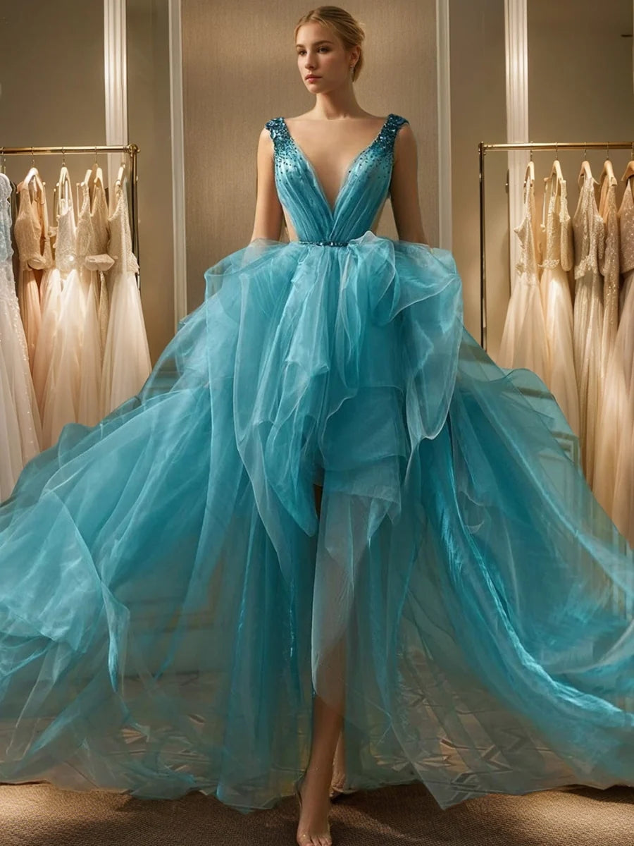 A-Line/Princess V-Neck Sleeveless Asymmetrical Prom Dresses with Rhinestone & Beadings BabaMila