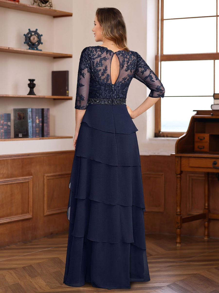 A-Line/Princess 3/4 Sleeves Floor-Length Elegant Mother Of The Bride & Groom Dresses With Lace Appliques & Ruffles BabaMila