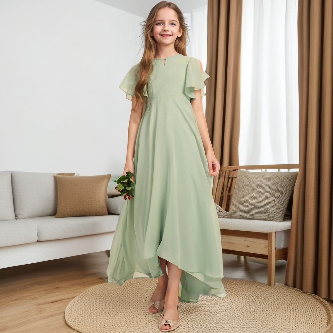 Boat Neck Flutter Straps Floor-Length Asymmetrical Chiffon Junior Bridesmaid Dress/Girls Birthday Dresses Girls Gidiondress as picture 12M