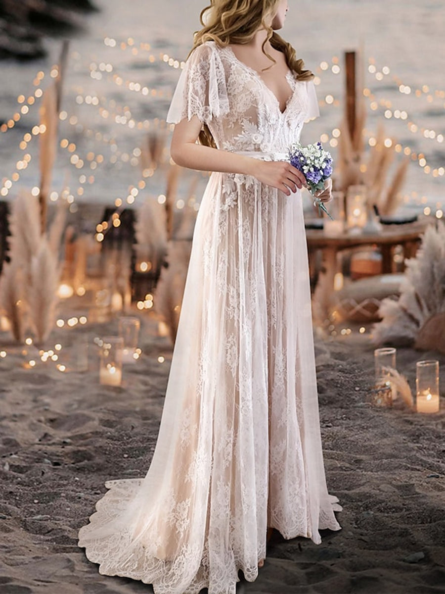 A-Line/Princess V-Neck Short Sleeves Lace Beach Wedding Dress with Appliques BabaMila