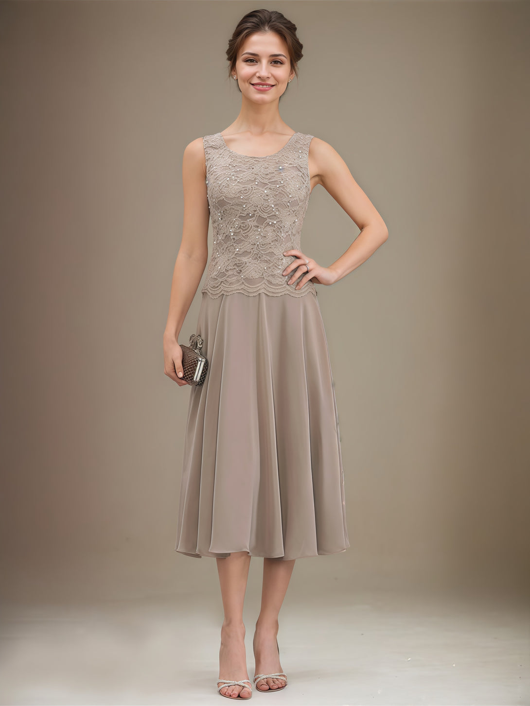 Scoop Neck 3/4 Sleeve A-Line Tea-Length Lace/Chiffon Mother of the Bride Dress With Jacket/Sequins BabaMila