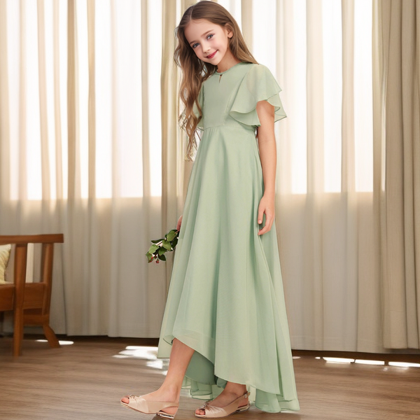 Boat Neck Flutter Straps Floor-Length Asymmetrical Chiffon Junior Bridesmaid Dress/Girls Birthday Dresses Girls Gidiondress