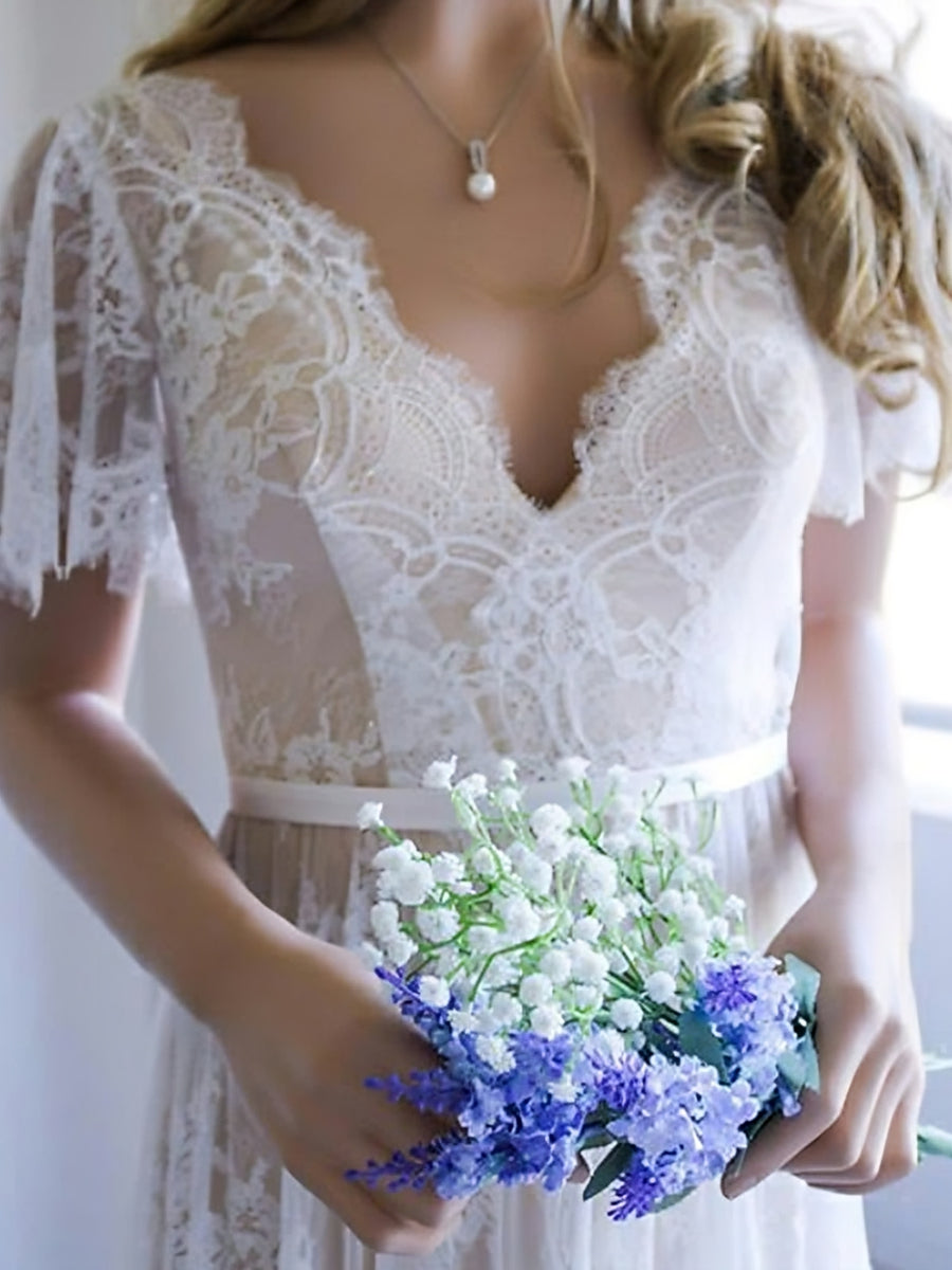 A-Line/Princess V-Neck Short Sleeves Lace Beach Wedding Dress with Appliques BabaMila