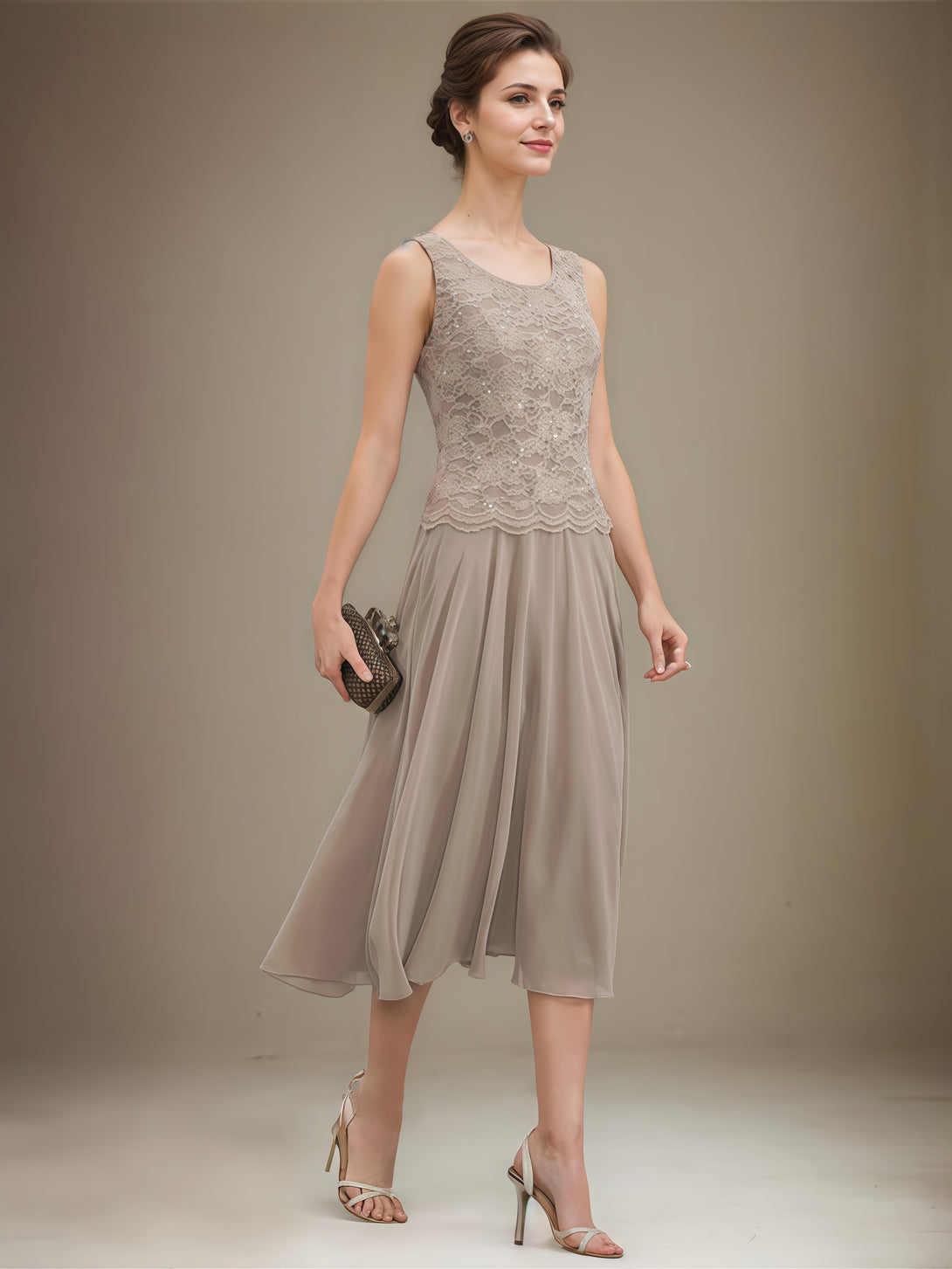 Scoop Neck 3/4 Sleeve A-Line Tea-Length Lace/Chiffon Mother of the Bride Dress With Jacket/Sequins BabaMila